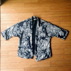Silky Kimono-Style Jacket with Black Floral Print